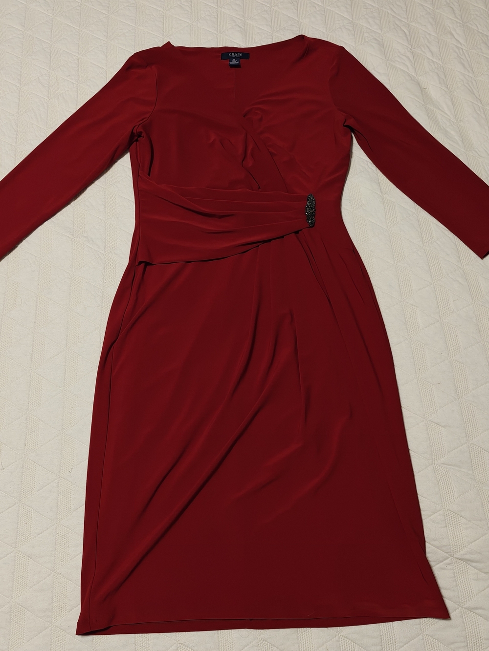 Chaps Red Wrap Style Dress Size Medium Jeweled Waist